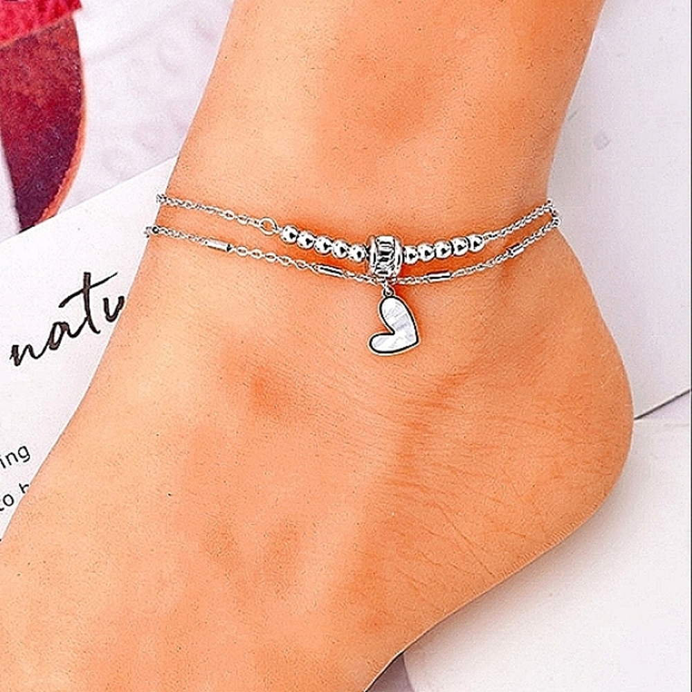 Heart Double Layer Ankle Bracelet Genuine Shell Inlay Anklet